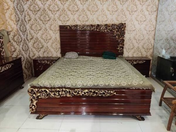 Latest design wooden bed set featuring a sleek and elegant design, crafted from high-quality wood with a smooth finish, ideal for modern and classic bedroom decor